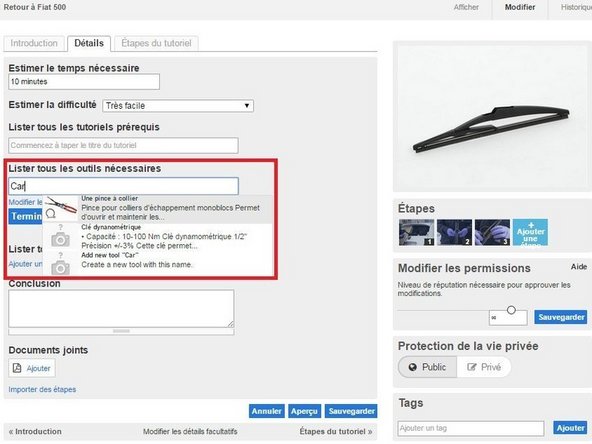 Ajouter une pièce et un outil dans un tutoriel