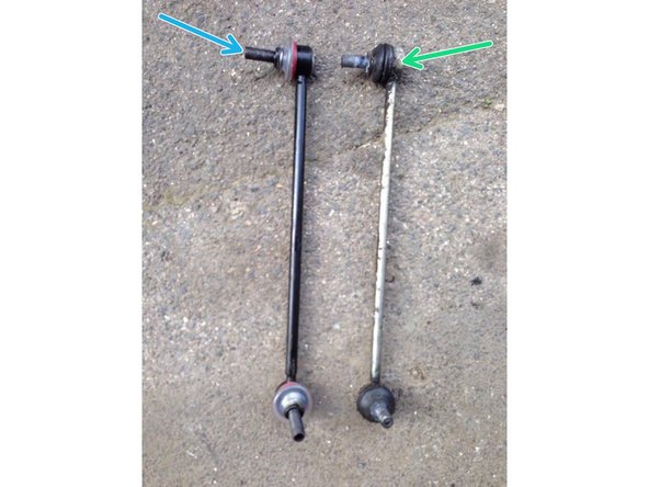 En bleu : Nouvelle biellette de barre stabilisatrice.