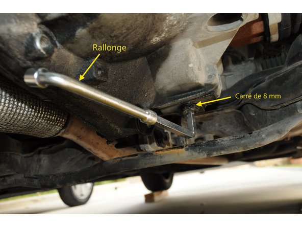 Dévisser le bouchon de vidange à l'aide d'une clé carrée de 8 mm munie d'une rallonge (si besoin)
