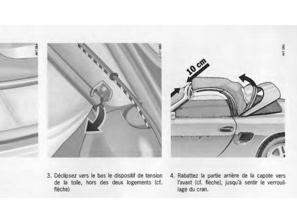 1 - ramener manuellement la capote en position « fermée » et la maintenir écartée de 10cm (4 in) du haut du pare-brise,