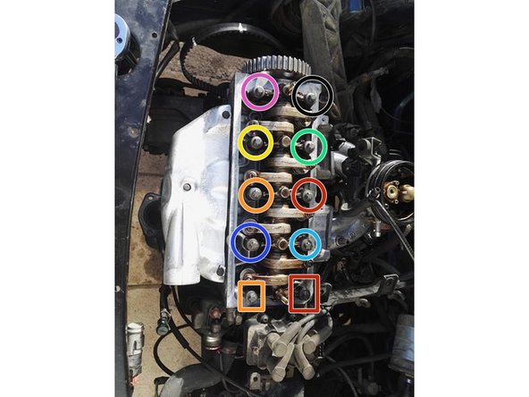 Ordre de serrage pour toutes les étapes suivantes (serrage en escarogt) : Rond rouge =&gt; orange =&gt; jaune =&gt; vert =&gt; bleu clair =&gt; bleu foncé =&gt; rose =&gt; noir =&gt; carré rouge =&gt; carré orange