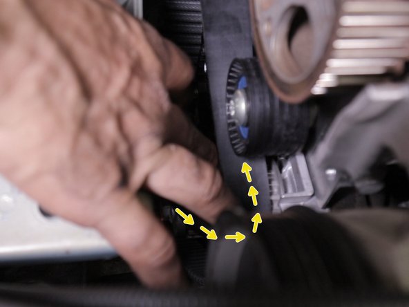 Guider la courroie entre le haut du pignon de la pompe à eau et le galet enrouleur