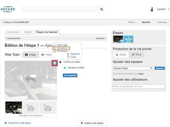 Si vous souhaitez ajouter des marqueurs (cadre, cercle) sur votre photo, cliquez sur l'icône Modifier qui apparaît en haut à droite de l'image lorsque vous passez votre souris dessus.