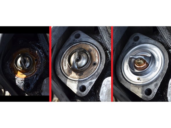 Photo qui montre l'ancien thermostat avant nettoyage puis après nettoyage et enfin le thermostat neuf