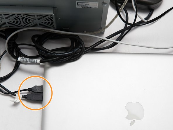 Verbinde die beiden USB Kabel mit dem Mac (USB-Hub und helle Holzbox).