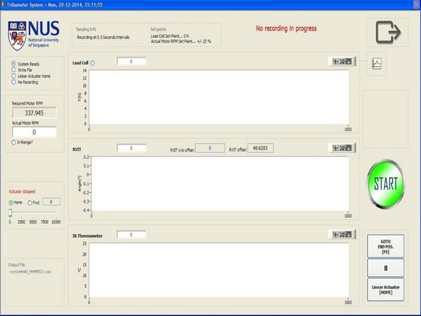 Desktop -&gt; NUS_Tribometer 3 -&gt; Tribometer_Start-Up.vi -&gt; Run -&gt; Production Test -&gt; Test Panel