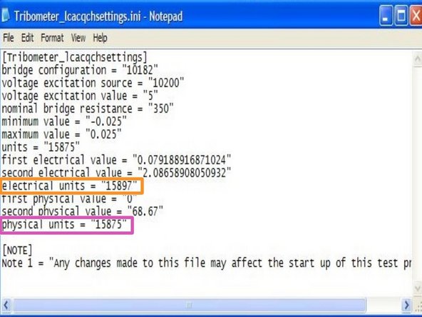 This file controls the load cell's settings. "bridge configuration" to "units" are parameters used during the installation of the load cell while "first electrical value" to "physcial units" can be edited by the user.