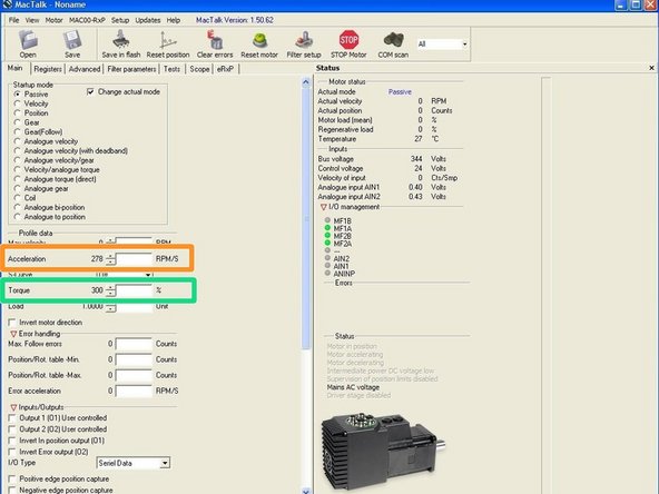 The motor's settings can be found under "Profile data". They can be changed to modify the motor's performance during the wear testing.