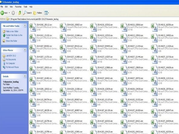 The wear test results can be found in the testlog. It is located at C:\Program Files\National Instruments\LabVIEW 2012\Tribometer_testlog