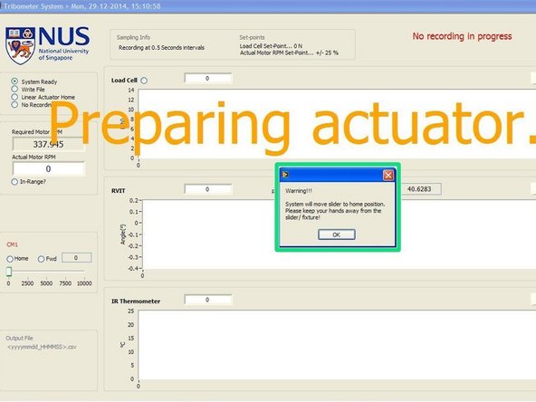 A prompt would appear every time the test panel is opened to alert the user that the actuator would reposition itself back to its home (or topmost) position.