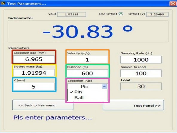 Clicking &quot;PRODUCTION TEST&quot; at the main manu directs the user to the test parameters window.