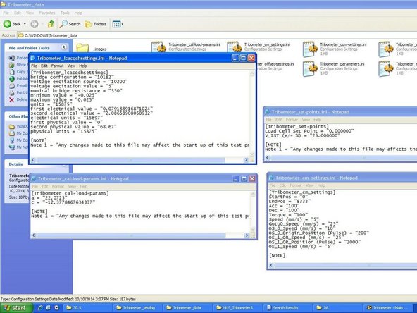 While most of the notepad files exists to facilitate the programming and integration of data from the tribometer and should not be edited, four files can be edited by the user for calibration and troubleshooting purposes. These four files will be elaborated on in the following steps.