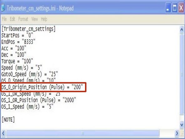 Toggle the origin parameter to various values before finally setting it back to &quot;-20000&quot;. After each change, save and close the file, go back to the test interface window and let the actuator return to its home position just as in step 3.