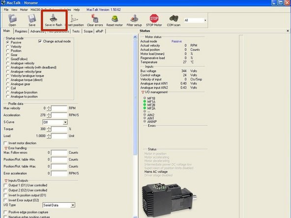 &quot;Save in flash&quot; reprograms the motor to run on the new settings.