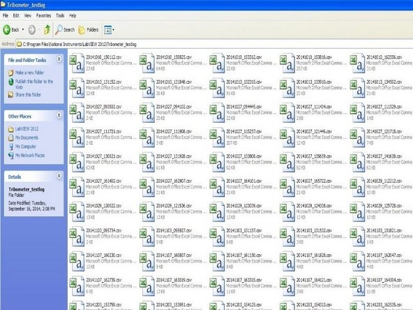 The wear test results can be found in the testlog. It is located at C:\Program Files\National Instruments\LabVIEW 2012\Tribometer_testlog