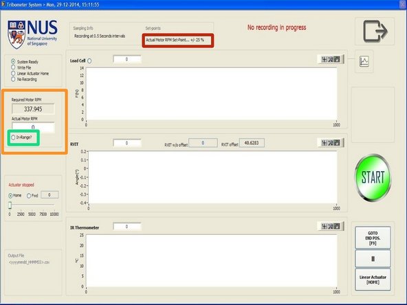The required and actual RPM of the motor can be monitored on the left side of the window.
