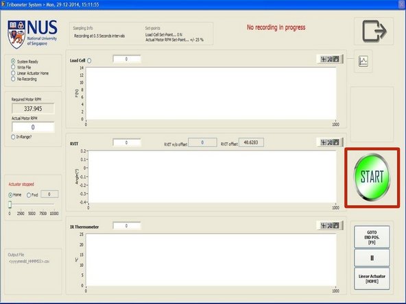 The test panel allows the user to start or end the wear test using the button on the right side of the window.