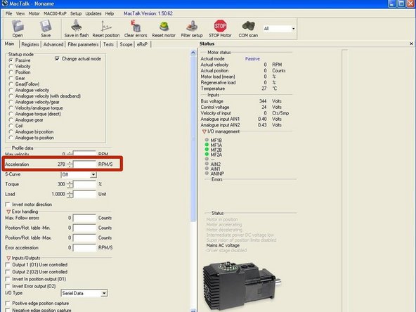 Reduce the angular acceleration of the motor by simply clicking the down button or inputting a specific acceleration.