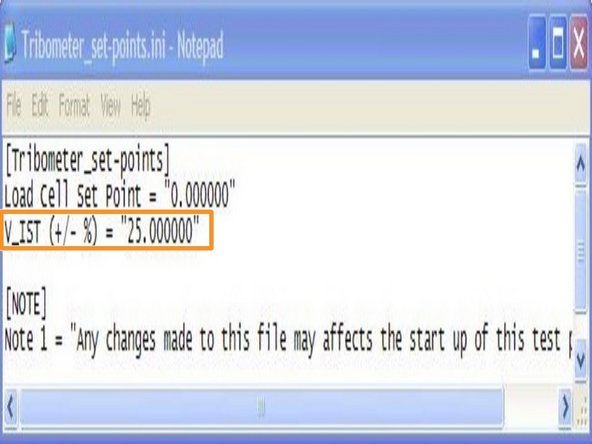 This file controls the set point at which the actuator is lowered. The actuator will only lowered during wear test when the RPM of the motor reaches within a certain percentage difference from the required RPM for a few seconds. Using this file, the percentage difference can be altered by the user.