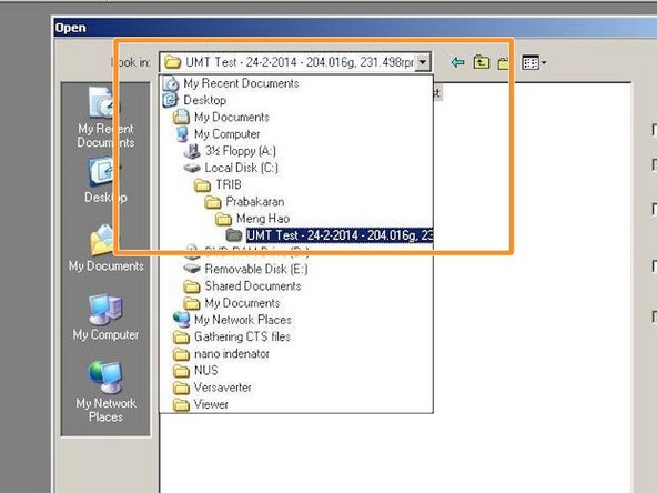 Select Test file saved in location specified during start of experiment