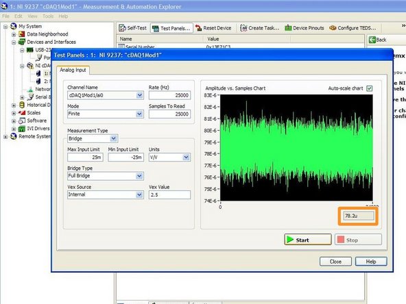 Using the MAX software, obtain 400 values of the voltage output when the load cell is unloaded (no load)
