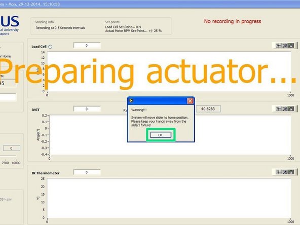 The actuator would be started up and moved to its home position. Click &quot;OK&quot; when prompted to allow actuator movement.