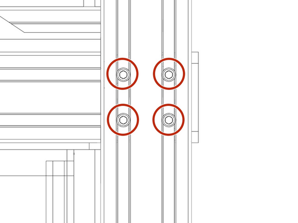 Use the clearance holes in the Y frame to tighten the 4 M5 bolts at the end of each of the X Frame Extrusions. Each corner will have 8 bolts to tighten.