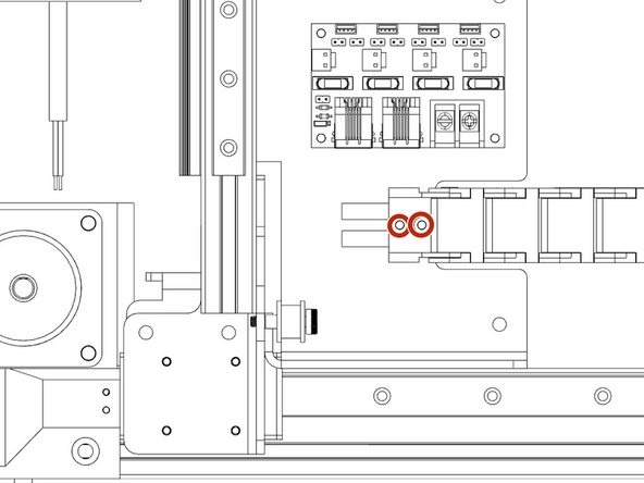 Using an 3mm hex wrench to loosen the two bolts in the bottom of the electronics cover on the XU axis. (Blue arrows)