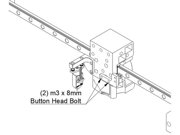 Attach the Y endstop mount to the bottom right two holes in the Y carriage using (2) m3 x 8mm Button Head Bolts