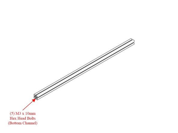 Insert (5) M3 x 10mm Hex Head Bolts into the bottom channel of one of the remaining 425mm Extrusions.