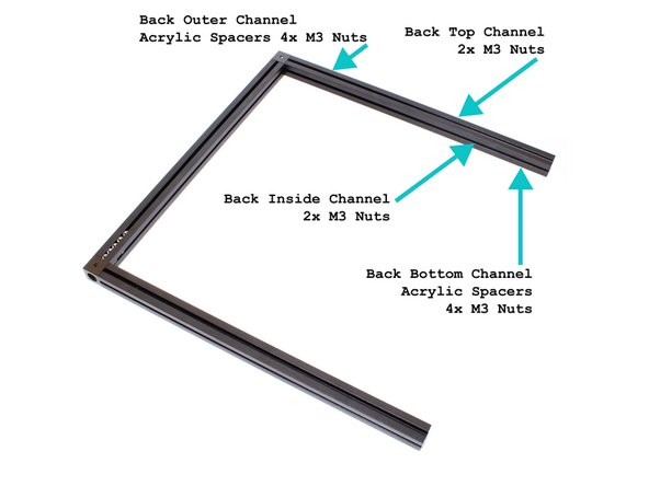 In the layout shown in the third image, insert the acrylic spacer inserts and M3 nuts in the outer and bottom channels of the back extrusion. There should be (2) 5mm spacers, (3) 81mm spacers, and (4) M3 nuts in each.