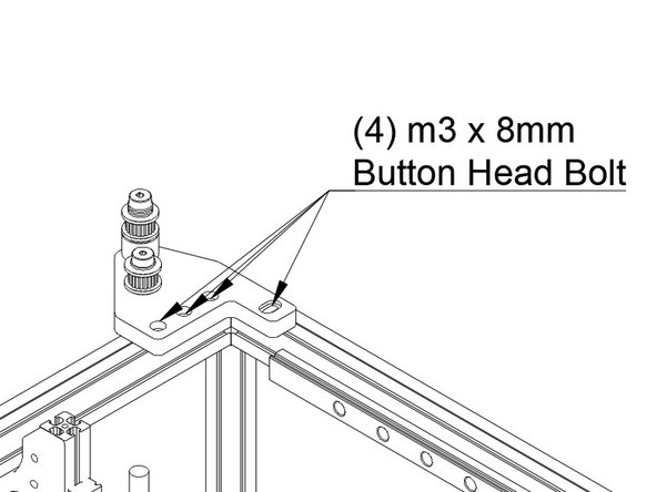 Attach the rear idler mount to the rear left top of the frame using (4) m3 x 8mm button head bolts.  Don't overtighten them - you'll need to be able to adjust the position of the idler mount to align the belts later.