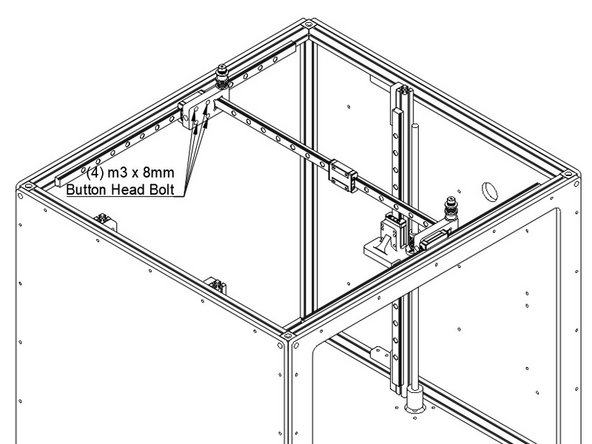 Attach the X carriages to the X rails using (4) M3 x 8mm Button head bolts each.