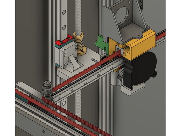 The belt (shown in red) should go from the Y carriage and then around the lower smooth idler on the front X carriage.