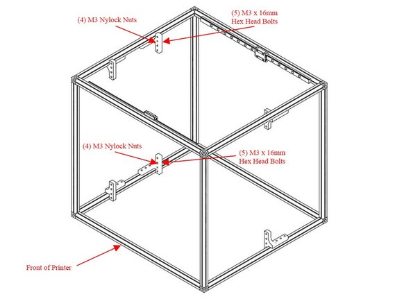 Put a M3 x 16mm hex head bolt through each Z Bracket and attach it loosely with an M3 nylock nut.  Only thread the nut on loosely.  Each bracket gets (4) M3 x 16mm hex head bolts with (4) M3 nylock nuts.