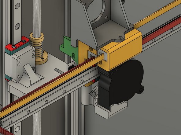 To route the belt it should leave the Y carriage and wrap around the toothed idler at the top of the stay on the front X carriage.