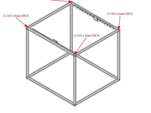 Use (4) M3 x 8mm Socket Cap Head Screws to attach the top extrusion assembly to the upright extrusions.