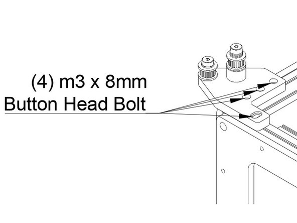 Attach the front idler mount to the left side of the top of the frame using (4) m3 x 8mm button head bolts.  Don't overtighten them - you'll need to be able to adjust the position of the idler mount to align the belts later.