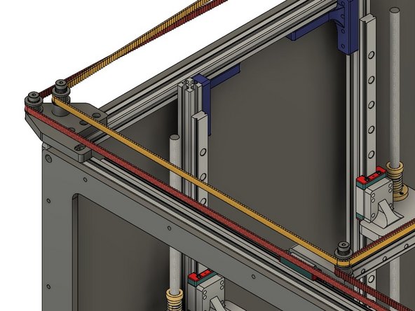From the X carriage the belt follows along the front of the printer to the toothed idler at the top of the tall stack on the front idler mount.