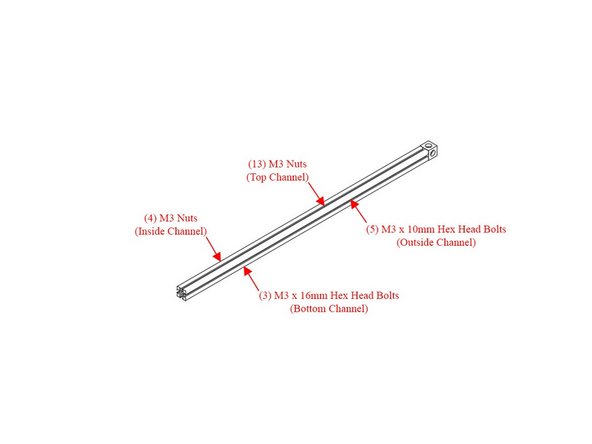 Slide (13) M3 nuts into the top channel (if installing the optional Halo, add six (6) more nuts in this channel for a total of 19)