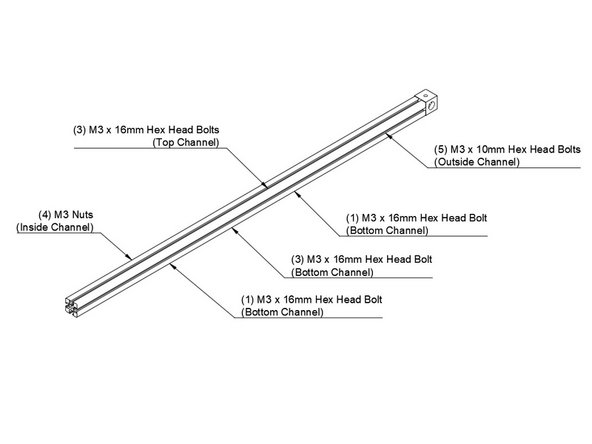 Slide (3) M3 x 16mm hex head bolts in the top channel