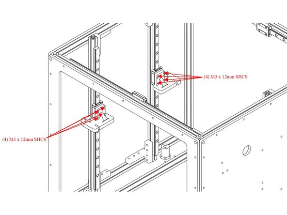 Install the (3)  Z Yokes onto the Z carriages using (4) M3 x 12mm Button Head Bolts each.  Note the orientation of the yokes in the pictures - ensure the hole for the leadscrew lines up over the stepper.