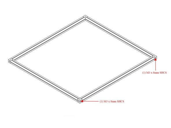 Use (2) M3 x 8mm Socket Cap Head Screws to attach the bottom right extrusion to the rest of the bottom frame assembly from earlier.