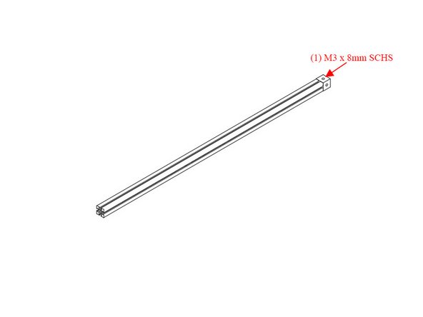 Use (1) M3 x 8mm socket cap head screw to the 425mm bottom left extrusion. Note the orientation of the corner cube.