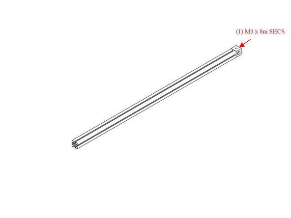 Use (1) M3 x 8mm Socket Cap Head Screw to add a corner cube to the bottom right 425mm extrusion. Note the orientation of the corner cube - a small hole needs to face up.