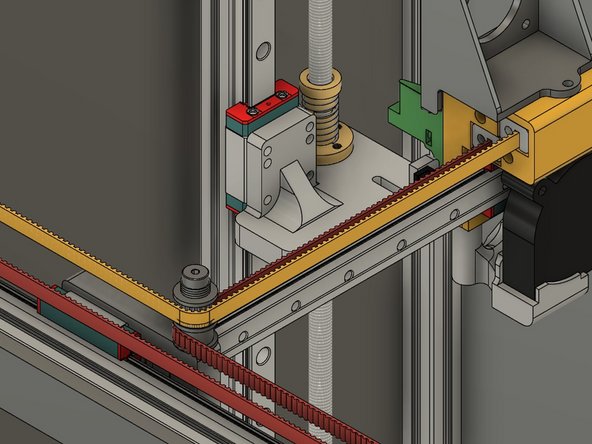 From the X carriage the belt follows along the front of the printer to the toothed idler at the top of the tall stack on the front idler mount.