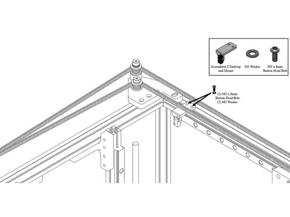 Mount the X endstop to the rear left corner of the frame, on the top Extrusion, using (2) M3 x 8mm Button Head Bolts and (2) M3 Washers.