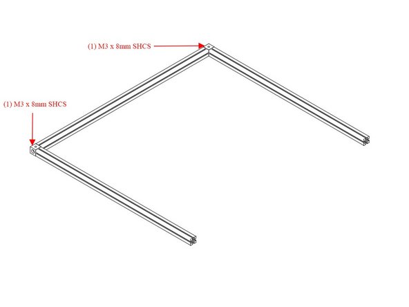 Attach Bottom (2) 460mm Front and Bottom Back Extrusions using (1) M3 x 8mm Socket Cap Head Screw each.