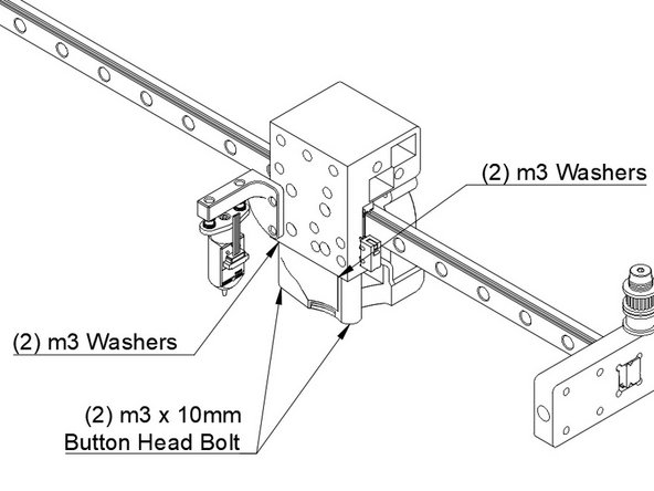 Start by attaching the Layer fan and shroud. Attach the Layer fan to the bottom of the adapter using one m3x8mm Button head bolt into the rear hole (the one going to the m3 washer) and one m3 x 12mm Button head bolt that will pass through the other hole and into the brass insert in the Y carriage.