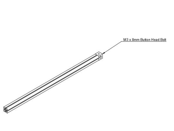 Use (1) M3 x 8mm button head bolt to add a corner cube to the bottom right 425mm extrusion. Note the orientation of the corner cube - a small hole needs to face up.